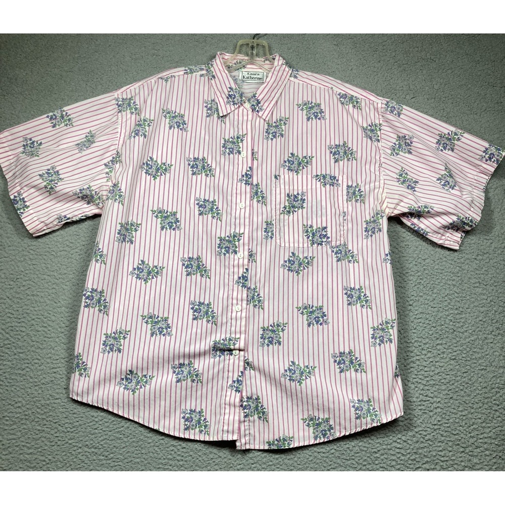 Vintage Laura Katherine Top Womens 22W Pink Stripe Floral Button Up Short Sleeve